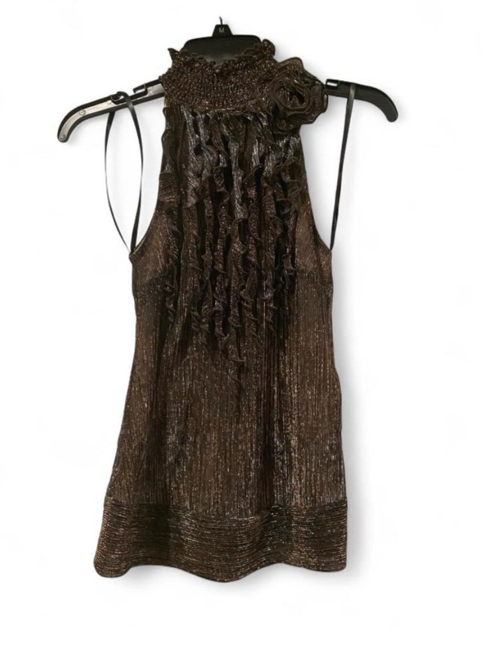 Sleeveless Metallic Ruffle-Neck Brown Women’s Blouse